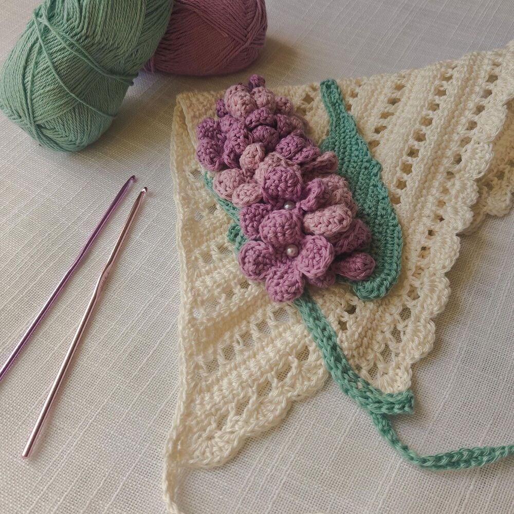 Crochet Bandana Handmade Summer Floral Lilac Flowers 100% Organic Cotton